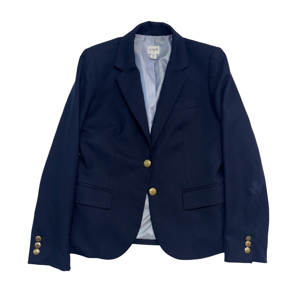 J Crew 2P Navy Blue Gold Buttons Blazer Suit Jacket Stretch Wool All Season
